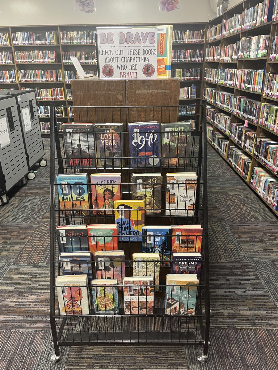 CCBMS_Library's tweet photo. Book displays for November! #NativeAmericanHeritageMonth, National Memoir Writing Month &amp; Be Brave! Thank you @ASLozano0507 for helping replenish the Be Brave display yesterday! @CCBMS_Braves @GISDREADS @GISDRLA https://t.co/54dUjVvV0E