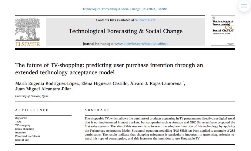 EugeniaRL83's tweet photo. Recién sacado del horno este artículo sobre TV Shopping que me complace enormemente compartir con @Al_Rojas91, @ElenaHigue9529 y @Jmi_Alcantara. Primera publicación en la prestigiosa revista Technological Forecasting and Social Change. ¡Enhorabuena equipo! https://t.co/wgH9pNo7Gh