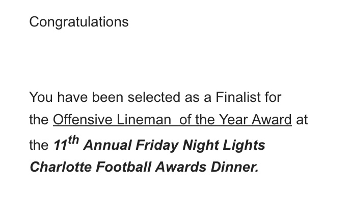 Honored to be a finalist for the Offensive Lineman of the Year Award! I’d like to thank my coaches and teammates for pushing me to get better everyday!
<a href="/finisholacademy/">FinishOLAcademy</a> <a href="/MarvinRidgeFB/">Marvin Ridge Football</a> <a href="/CoachLeggett78/">Coach Leggett</a> @RivalsFriedman <a href="/BrianDohn247/">BrianDohn247</a> <a href="/JeremyO_Johnson/">Jeremy Johnson</a> <a href="/adamgorney/">Adam Gorney</a>
