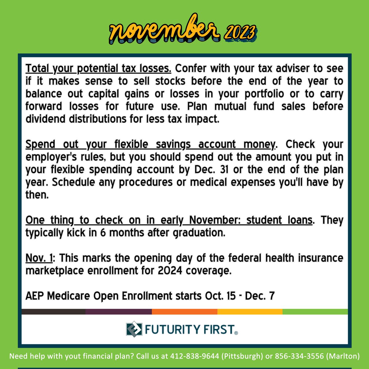meetfuturity's tweet photo. 𝗙𝗶𝗻𝗮𝗻𝗰𝗶𝗮𝗹 𝗛𝗲𝗹𝗽 𝗪𝗵𝗲𝗻 𝗬𝗼𝘂 𝗡𝗲𝗲𝗱 𝗶𝘁 𝗠𝗼𝘀𝘁‼️ Planning for the future can be stressful. To add some sanity to your life, we created a monthly calendar with all the important dates &amp; deadlines. Here's the calendar for November 2023. [https://t.co/61lWDmFxUQ] https://t.co/ySxcFThjDU