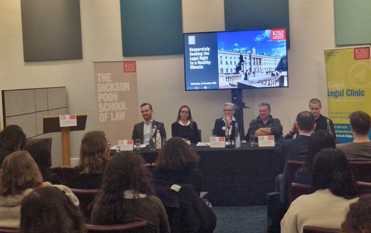 kcllegalclinic's tweet photo. Students clearly touched tonight by compelling words from lawyers on the roadmap to a healthy climate Angus Eames from @ClientEarth David WolfeKC of @MatrixChambers @estelledehon and @JJackson46664 thanks also @Harry_B_L @OrlaHeatley #righttoahealthyenvironment @KCL_Law https://t.co/hnjUogh3Eq