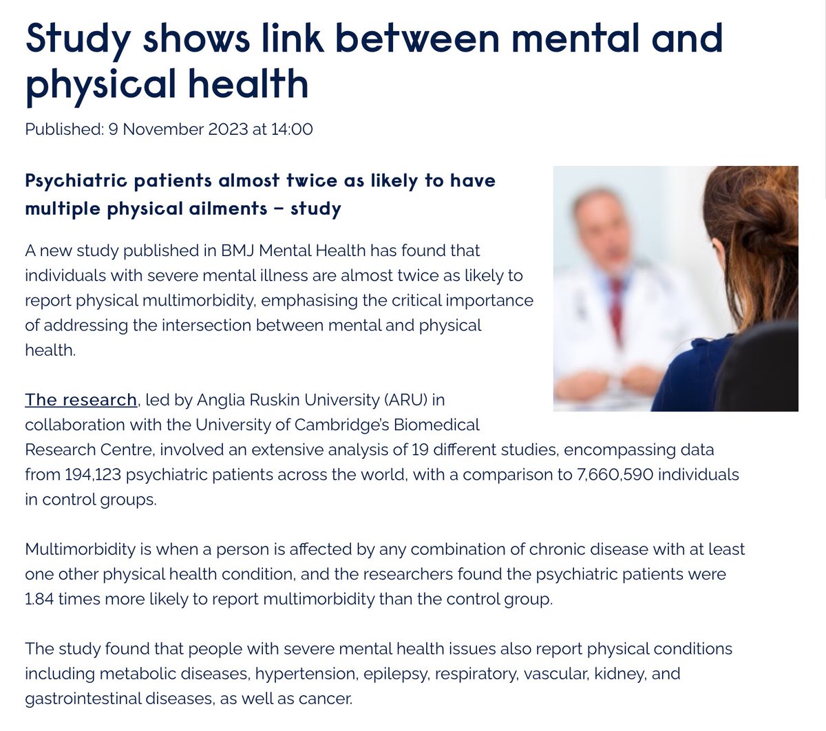 SteveStuWill's tweet photo. “A new study has found that individuals with severe mental illness are almost twice as likely to report physical multimorbidity, emphasising the critical importance of addressing the intersection between mental and physical health.” https://t.co/BETsEkDazD https://t.co/ghODeymQyq