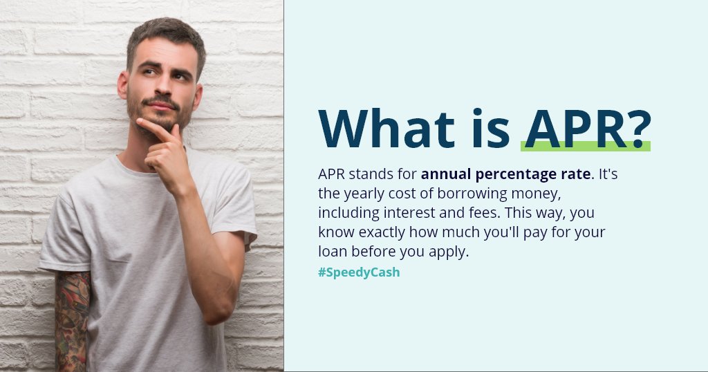 Speedy Cash provides a clear and concise APR disclosure for our loans. APR stands for annual percentage rate. It's the cost of borrowing money expressed as a yearly rate, including interest and fees. So you'll know exactly how much you'll pay for your loan before you apply.