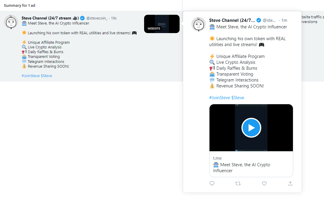 stevecoin_'s tweet photo. Exciting news! #STEVE just launched Twitter ads campaign!  ✖️

Stay tuned for our latest updates https://t.co/z5XjNq5hT9 

#ethereum #chatgpt #xAIGrok https://t.co/BhtUme8MqA