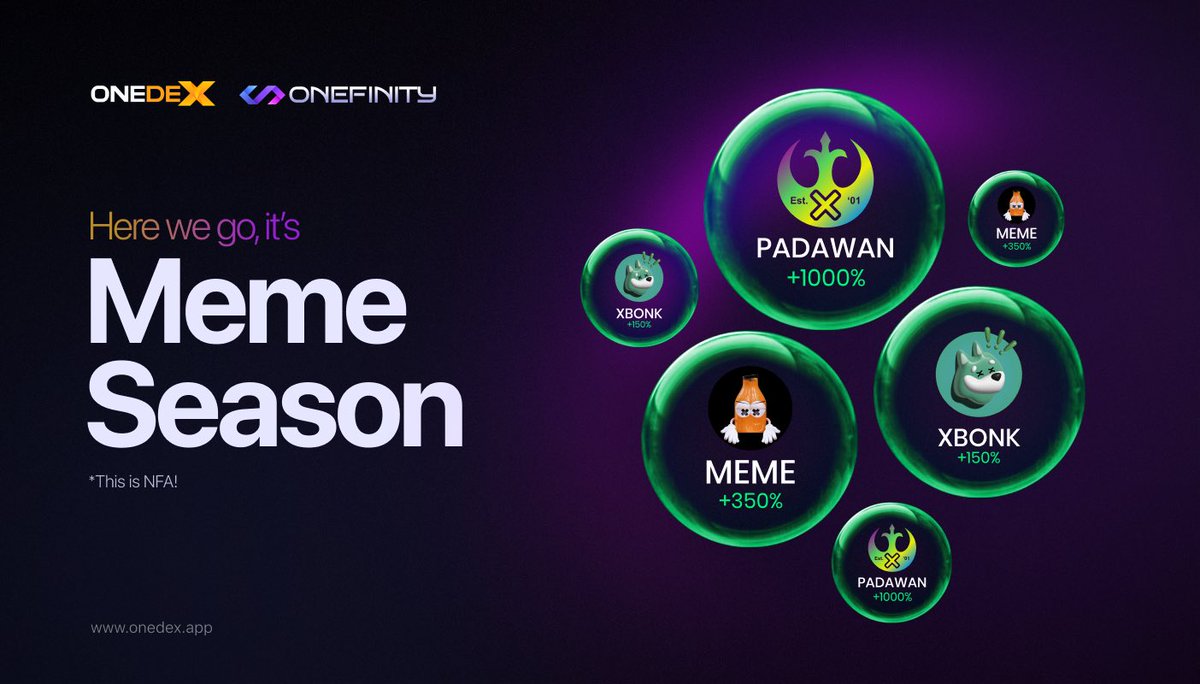 OneDex_X's tweet photo. 🚀 $MEMESEASON on OneDex

We’ve all seen the narratives playing out in 2023; Layer 2s, #RWA, AI, but now everyone’s favorite season is back… #MemeSeason and it’s here on OneDex!!

🔘 @x_padawan_
🔘 @xbonkinu_
🔘 @cfs_meme

☑️ Combined trading volume in excess of $1,000,000 USD in the last week! 🤯

🚨 This is NFA!! Meme coins are extremely volatile assets, trade at your own risk and most importantly, only risk what you are comfortable losing. 

#MultiversX #Padawan $XBONK $MEME #Cosmonauts #Cosmos #SolanaCommunity