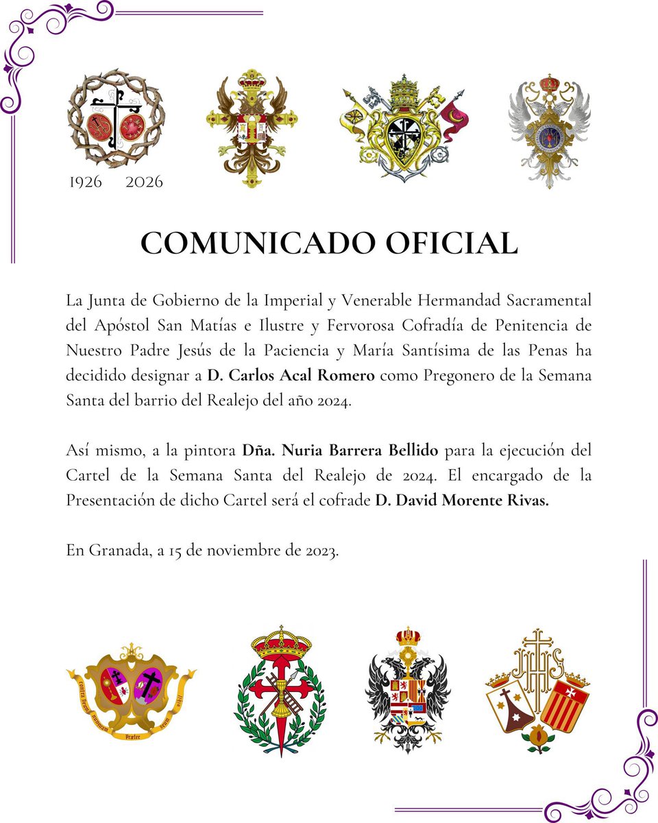 hdad_rosariogr's tweet photo. Designado por parte de la Hermandad organizadora @PacienciayPenas, del pregonero, cartelista y presentador del cartel para 2024 del Barrio del #Realejo.

#Oficial https://t.co/4qnMFFfVGT