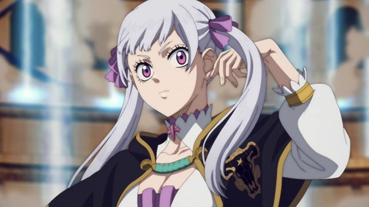 A silver-haired anime girl with twintails flipping her hair. She wears a black cape with gold trim and a Bull logo.
