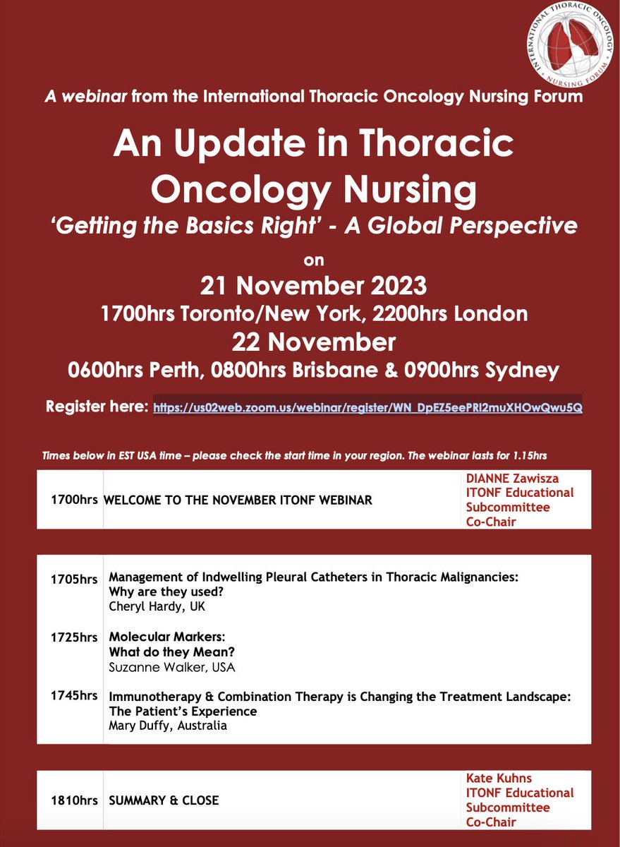 📢Don't miss the International Thoracic Oncology Nursing Forum's webinar: 'An Update in Thoracic Oncology Nursing: 'Getting the Basics Right' - A Global Perspective.' 🌐 Register:us02web.zoom.us/webinar/regist…