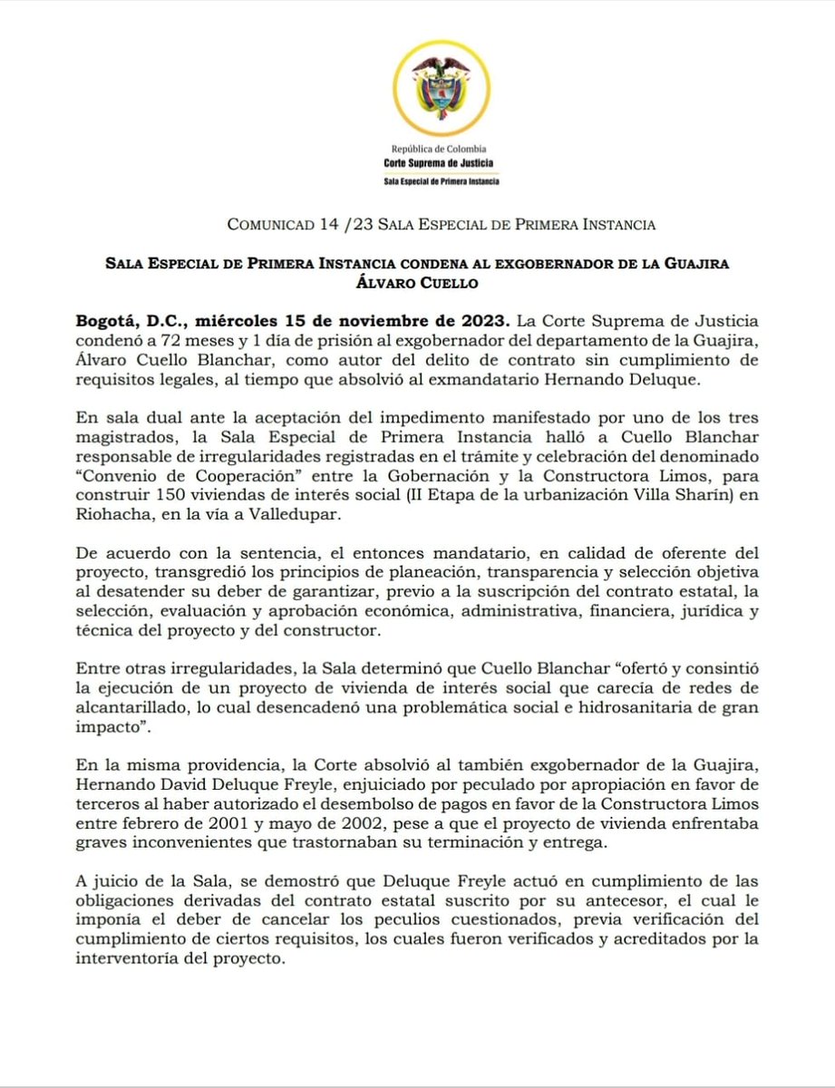 CorteSupremaJ's tweet photo. #SalaDePrimeraInstancia condena a 6 años de prisión al exgobernador de la #Guajira, Álvaro Cuello Blanchar, entre otras irregularidades, por ofertar y consentir un proyecto de viviendas de interés social que carecía de redes de alcantarillado. Ver➡️: https://t.co/a2hJMRw41s https://t.co/iuxJkGMOXl