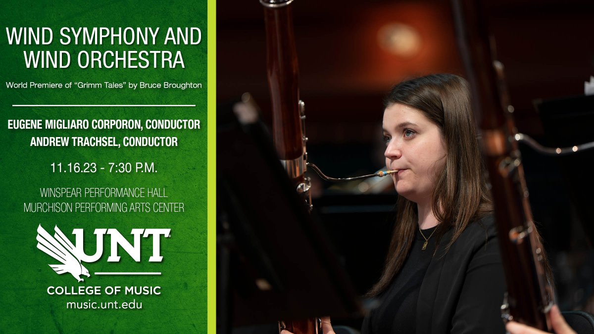 WIND MUSIC WORLD PREMIERE: @UNTSocial Wind Symphony and Wind Orchestra perform Thursday evening at 7:30. WORLD PREMIERE of the full-length 'Grimm Tales' by UNT Media Composer-in-Residence Bruce Broughton. music.unt.edu/events music.unt.edu/faculty-and-st… @JohnWRichmond2