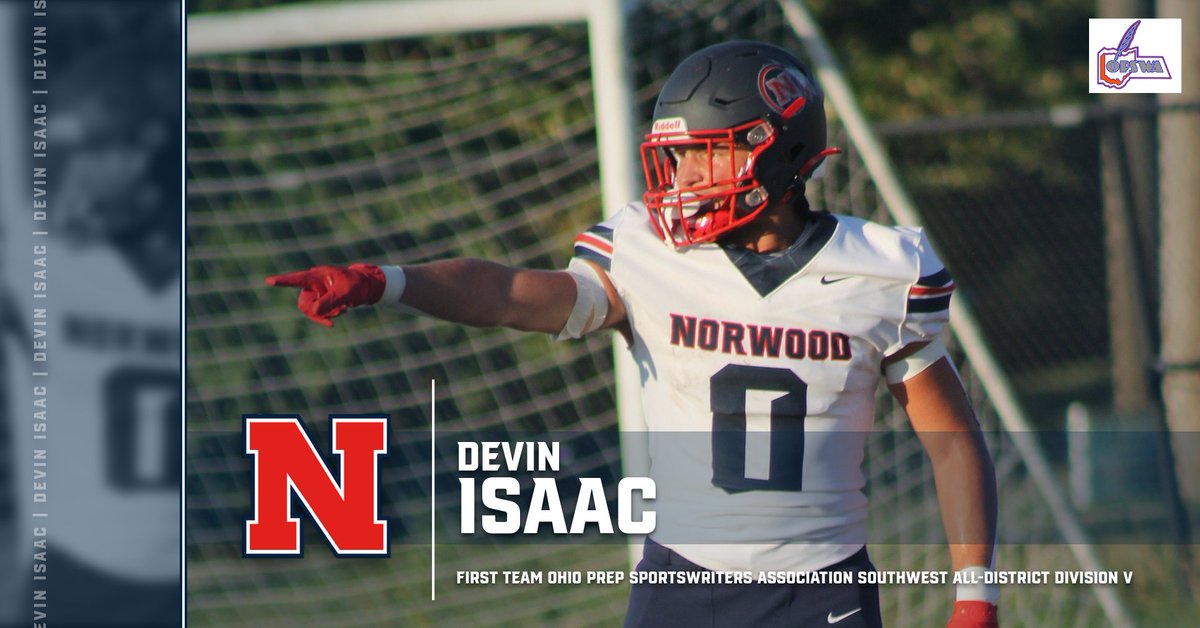 NorwoodIndians's tweet photo. Tonight's Big Announcement!

FOUR members of the Norwood Varsity Football team were named to the @OhioPrepWriters (Ohio Prep Writers) Division V All Southwest District Team!

Congrats! 
Devin Issac - 1st Team
Kanovas Alexander - 2nd Team
Austin Partin - 2nd Team
Colton Hull - HM https://t.co/KbQunIKEja