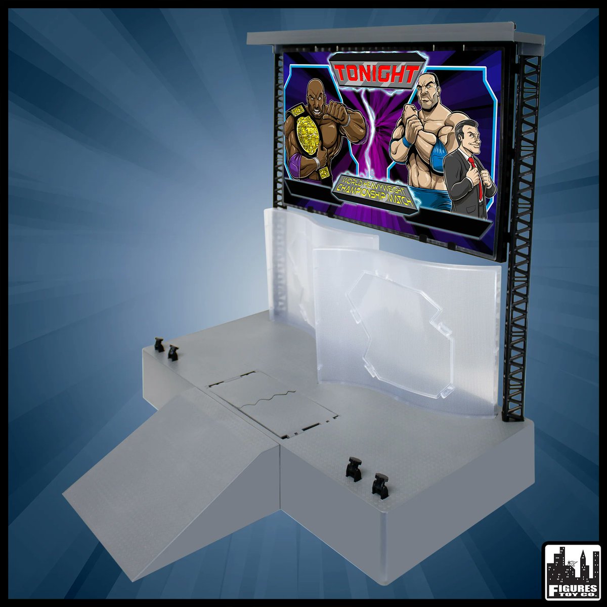 Wrestling figures can make a grand entrance with our Ultimate Entrance Stage! This playset has it all, from the trap door, breakable screens, and interchangeable artwork for the screen! Available now at figurestoycompany.com! #figlife #ftctoys @FullyPoseable @WrestleFigNews