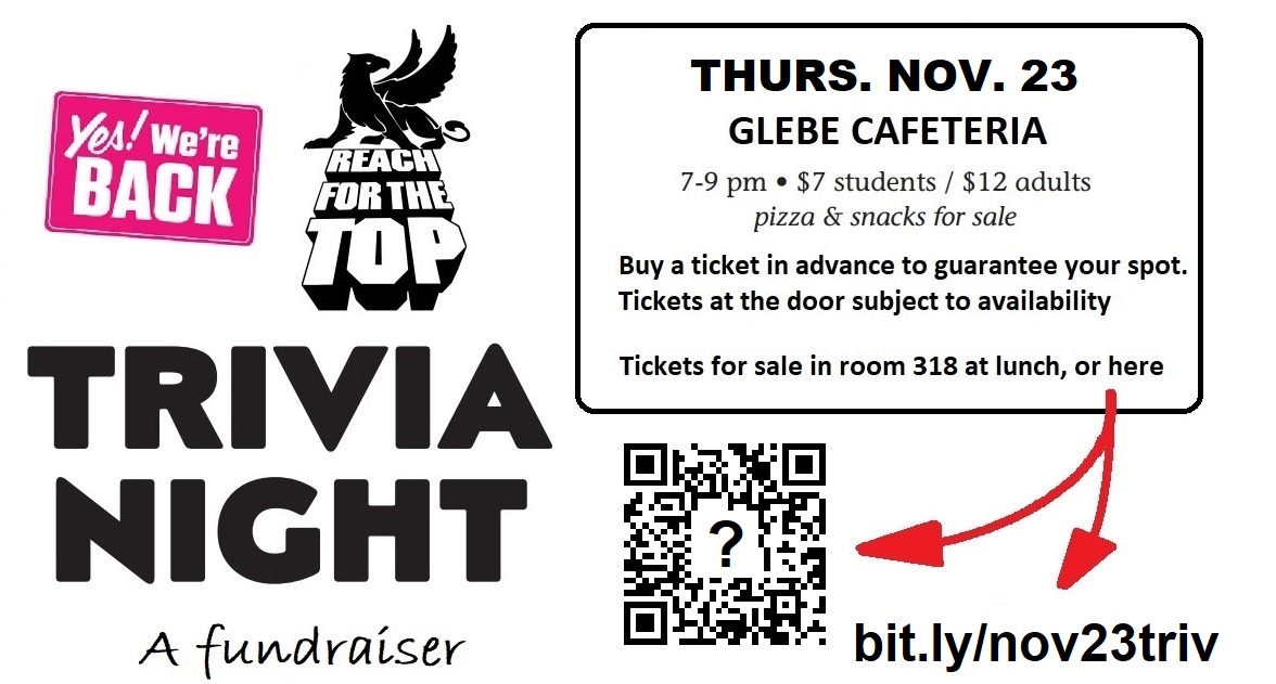 xgregjohn's tweet photo. .@glebeci Glebe's trivia team will host its first trivia night of the year next Thurs. Nov 23 from 7-9pm in the caf. Come with a team, or come alone and join a team. Tix online at https://t.co/YoaUjZsGu1 or at the door (subject to availability). Students $7, non-students $12. https://t.co/iiy49pLeXt