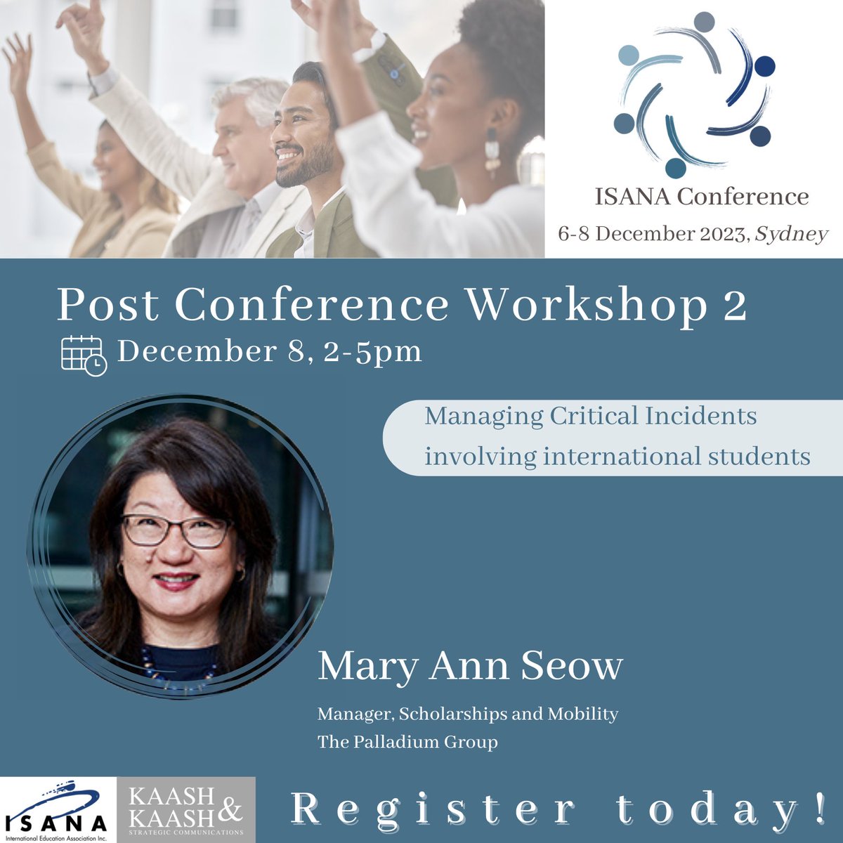‼️ Register now for the ISANA Conference ‼️

A solutions-oriented event featuring a post-conference workshop with crisis management specialist Mary Ann Seow.

Don't miss out - secure your spot before the registration deadline. 

 ▶️isanaconference.com/registration  

#ISANAConference2023