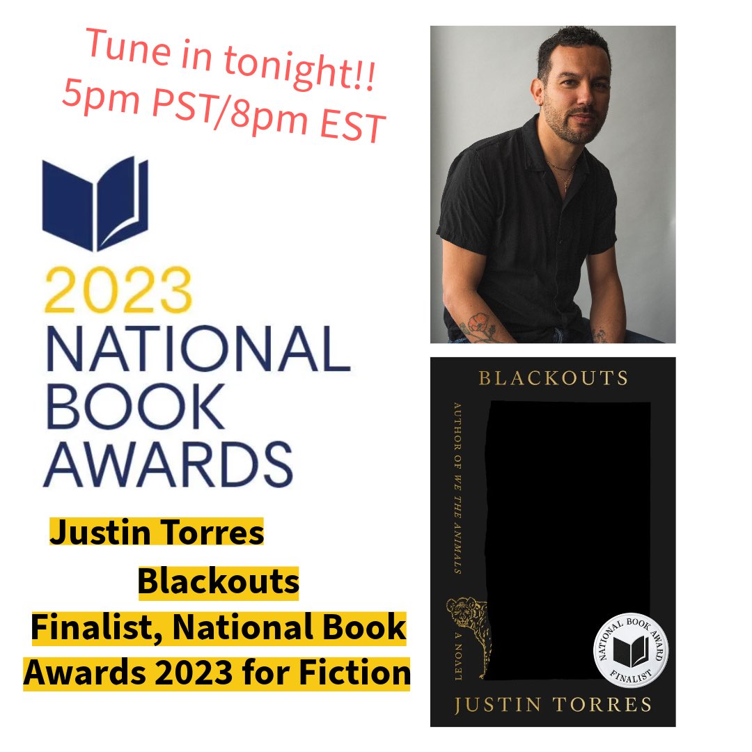 🥂Cheers all around to Professor Justin Torres whose novel, Blackouts, is a finalist for the 2023 #NBAwards for fiction!! 📚 Watch the ceremony: nationalbook.org/awards2023/