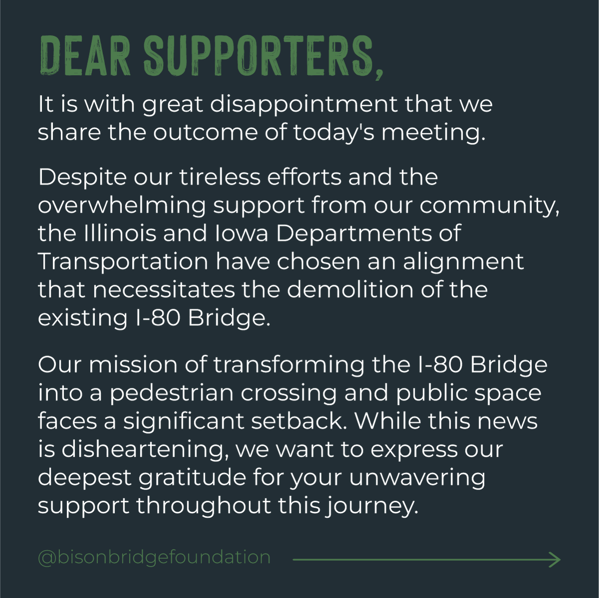 BisonBridge's tweet photo. 👉 Visit https://t.co/biqCbpmcHj by November 29th to leave your comments in the DOT's public record. Together, let's make our voices heard and continue advocating for the Bison Bridge project.

#bisonbridge #visitquadcities #quadcities https://t.co/WWuZLAVLdy