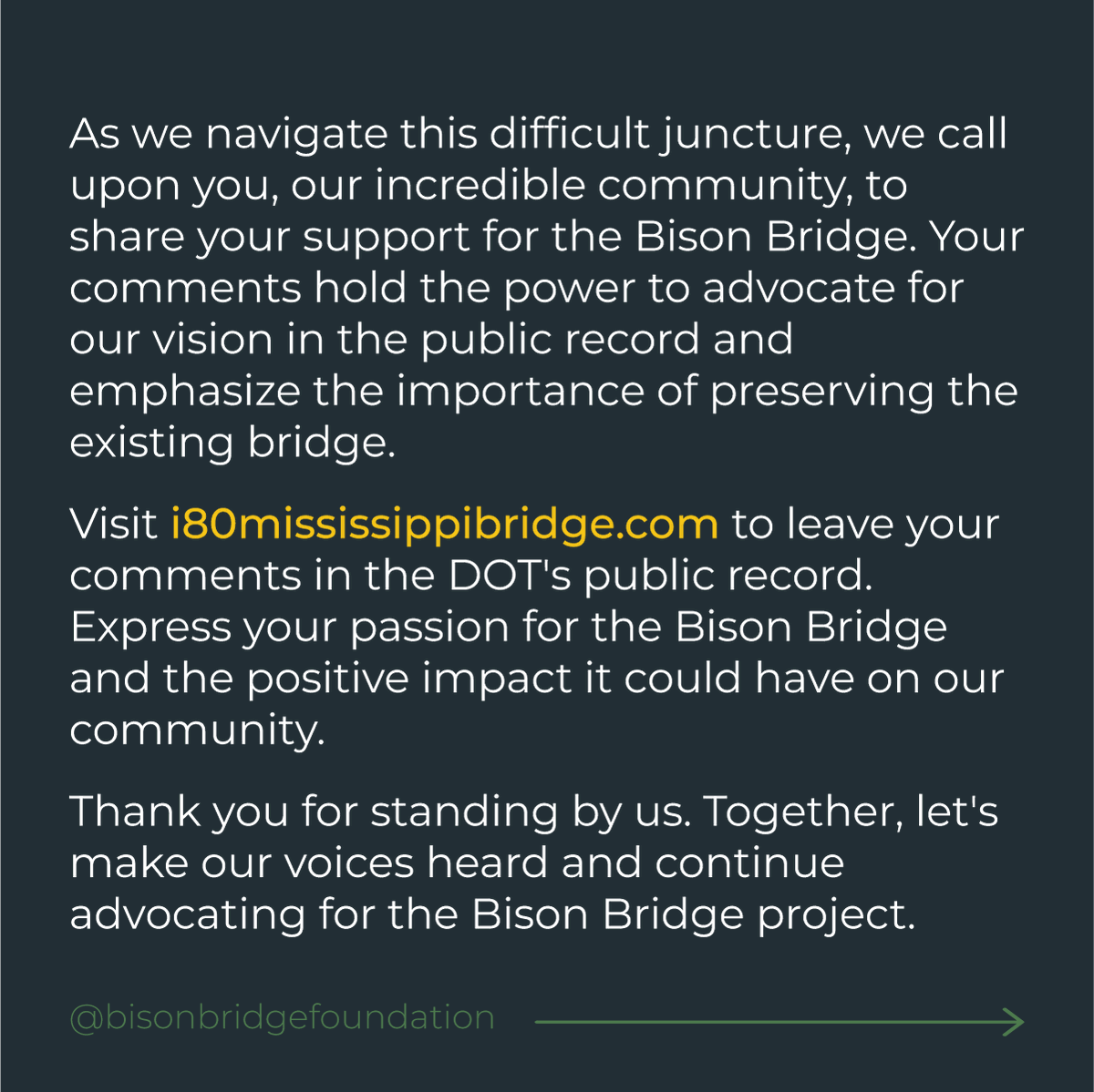 BisonBridge's tweet photo. 👉 Visit https://t.co/biqCbpmcHj by November 29th to leave your comments in the DOT's public record. Together, let's make our voices heard and continue advocating for the Bison Bridge project.

#bisonbridge #visitquadcities #quadcities https://t.co/WWuZLAVLdy