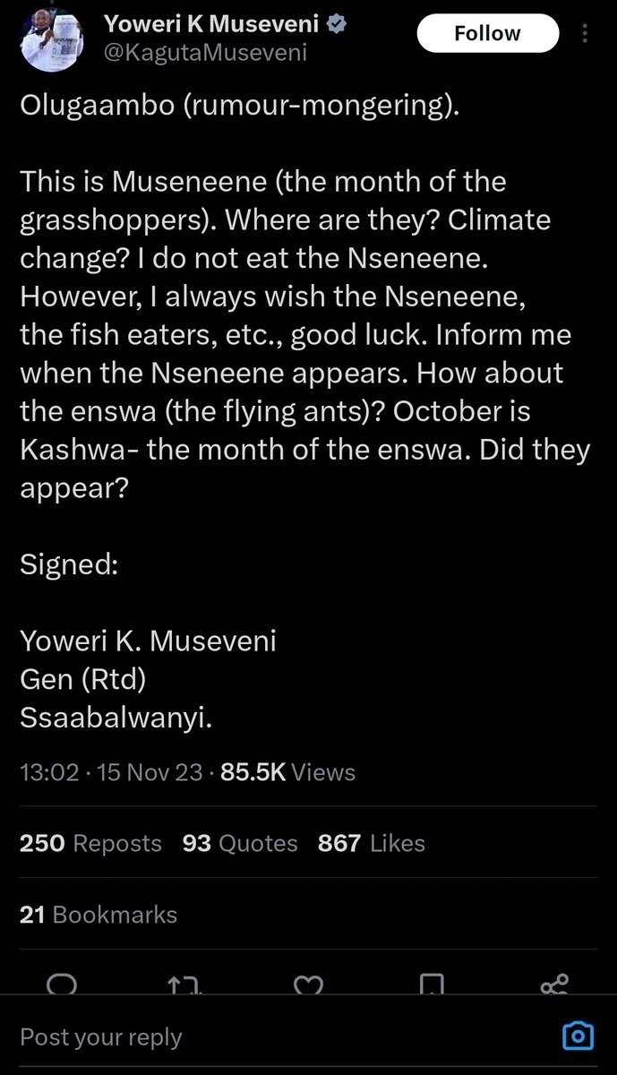 thetimeline256's tweet photo. NSENENE!!!::
The President @KagutaMuseveni has something to say about Nsenene. 👇🏾 https://t.co/tRAyOZvFlU