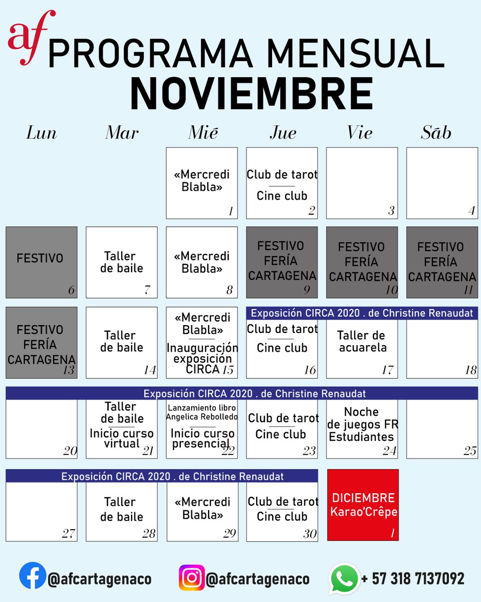 Programa de noviembre en la Alianza Francesa de Cartagena 
#cartagena #alianzafrancesa #eventocartagena #eventoscartagena #eventos #Cultura
