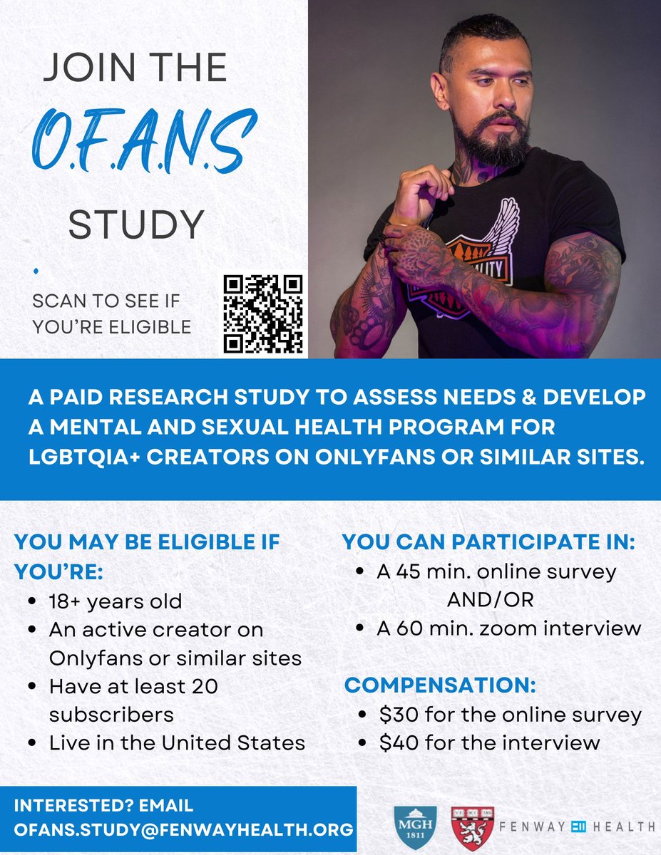 Join the OFANS Study – a paid research initiative to create a mental and #sexualhealth program for #LGBTQIAplus content creators on #OnlyFans and similar platforms. If you're eligible and want more information please visit buff.ly/3MLXMT0 
#Researchstudy #healthcare