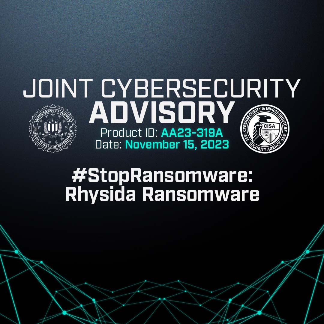 The #FBI and its domestic partners released a joint #CybersecurityAdvisory to publicize indicators of compromise (IOCs) and tactics, techniques, and procedures (TTPs) of Rhysida, an emerging ransomware variant. Read the FBI’s recommended mitigations: ic3.gov/Media/News/202…