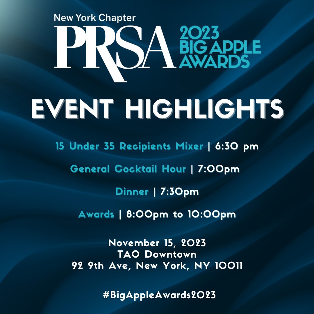 Celebrate with us at the #BigAppleAwards2023 tonight at TAO Downtown!

The evening begins with a 15 Under 35 Recipients Mixer followed by the General Cocktail Hour and Dinner, and then the Awards start at 8:00pm.