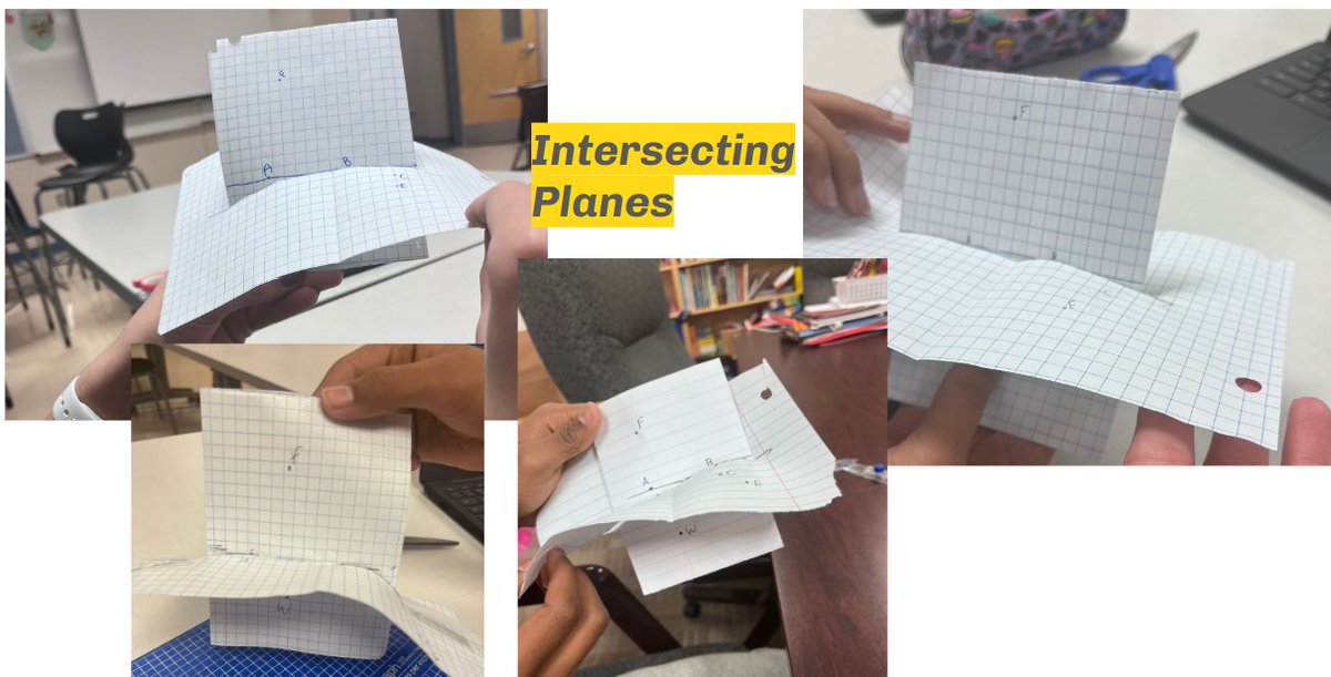 MrsCookMSMath's tweet image. Today we built models of intersecting planes to help visual more abstract concepts. We used some headphone wires to pierce throw the plane to show a line intersecting a plane at a single point. ⭐️#geometryclass #iteachmath #3dmath