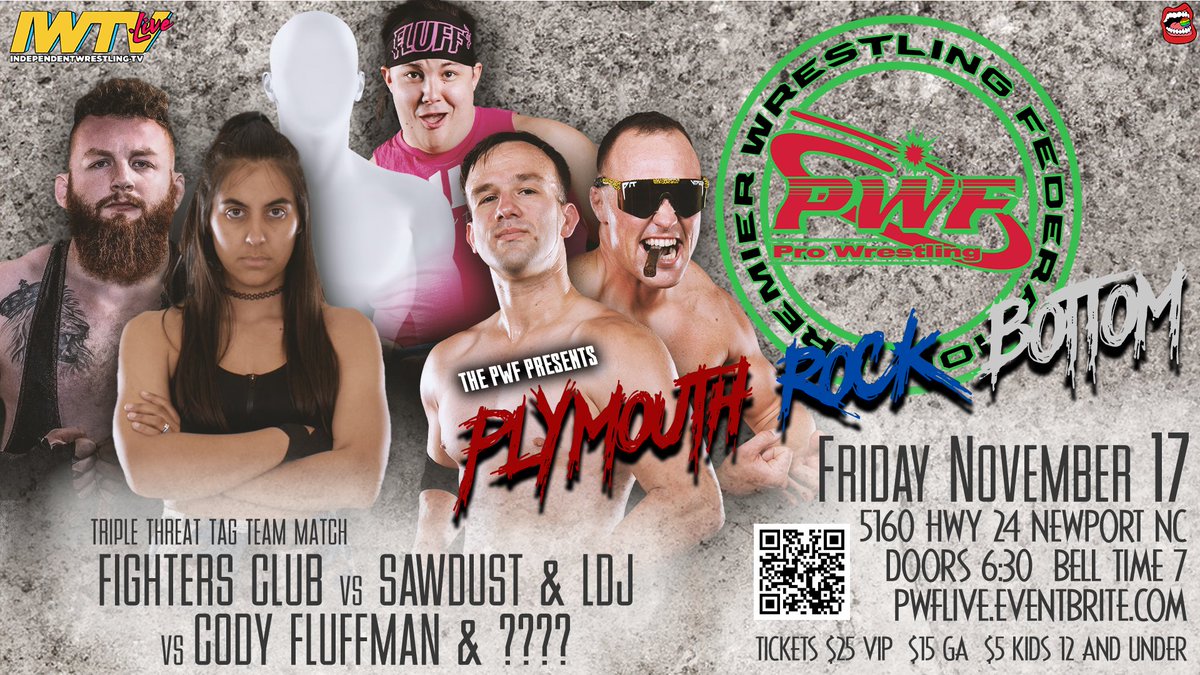 We've got triple threat tag team action! Fluffman claims to have finally found his perfect tag team partner! They will face off against the team of JAC and Clara, and two representatives of the <a href="/CWACrystalCoast/">Carolina Wrestling Academy</a>, LDJ and "Sawdust"!

#PWFRockBottom
