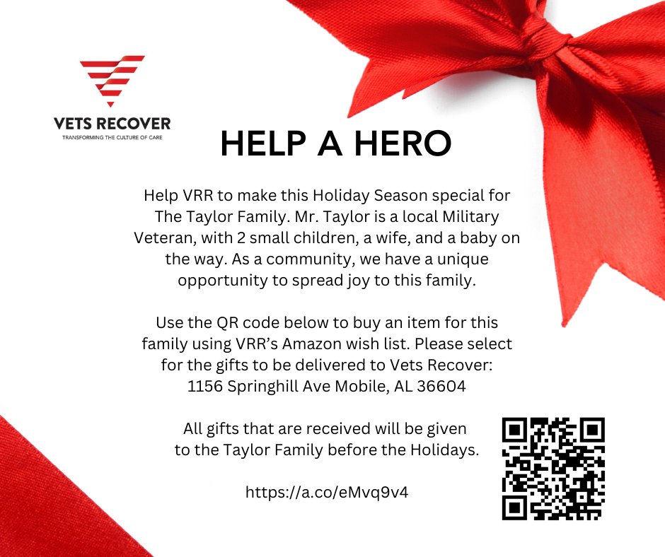 Our 'Help A Hero' gift drive is happening now! As a community, we have a unique opportunity to spread joy to the Taylor family. 

#veteranssupportingveterans #helpahero #vetsrecover #transformingthecultureofcare