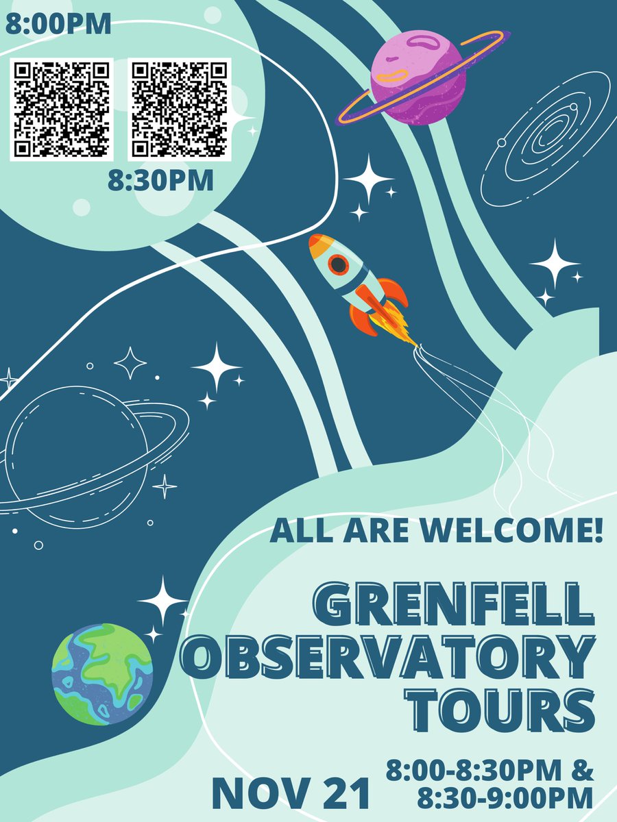skryanmun's tweet photo. Grenfell Students! Two more slots for observatory tours have been added! Registration is free, but space is limited!
As well, there is no registration or capacity for the James Webb Space Telescope Talk with Dr. Aleksejevs. We hope to see you there! https://t.co/3KCB8t4hGP