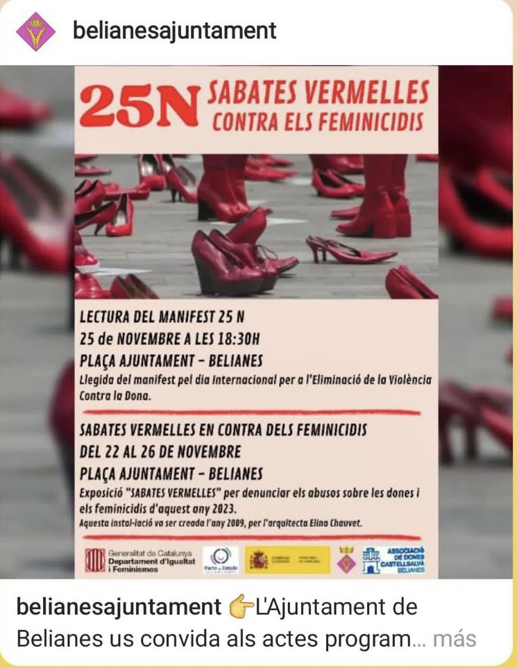 AjBelianes's tweet photo. 👉L'Ajuntament de Belianes us convida als actes en motiu del 25N💜
👠👠SABATES VERMELLES EN CONTRA DELS FEMINICIDIS 👠👠 denunciem els abusos sobre les dones i els feminicides 2023
📅 DEL 22 AL 26 DE NOVEMBRE
📍 PLAÇA AJUNTAMENT BELIANES
#25N #feminicidis #niunamenos #niunamenys https://t.co/GdPoF7nQ6F