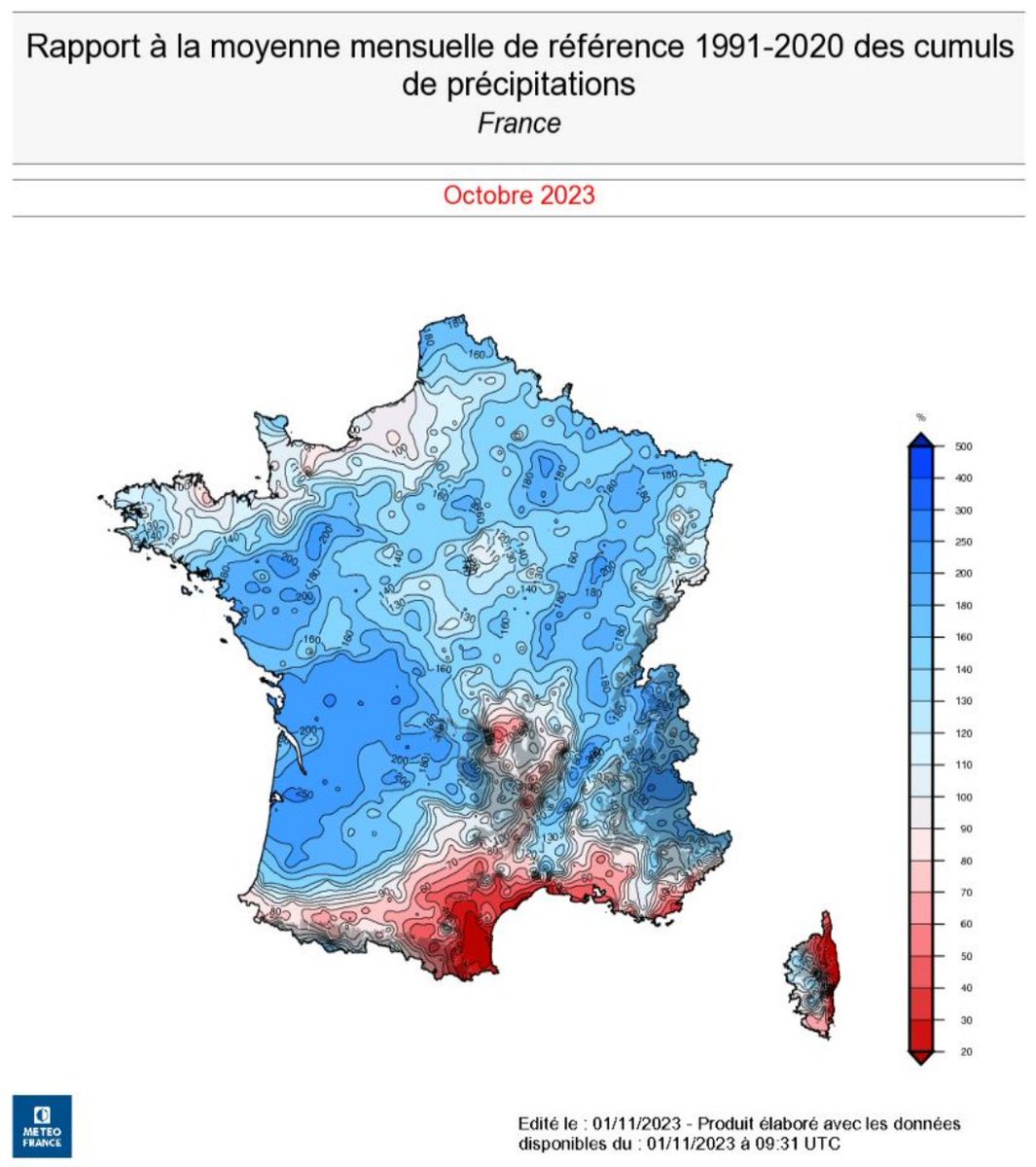2023 cumule les extrêmes :
- La plus longue sécheresse météorologique tous mois confondus : 32 jours du 21 janvier au 20 février.
- La période de 26 jours la plus pluvieuse tous mois confondus : 215.4 mm du 18 octobre au 6 novembre. La période de 30 jours sera battue aussi.