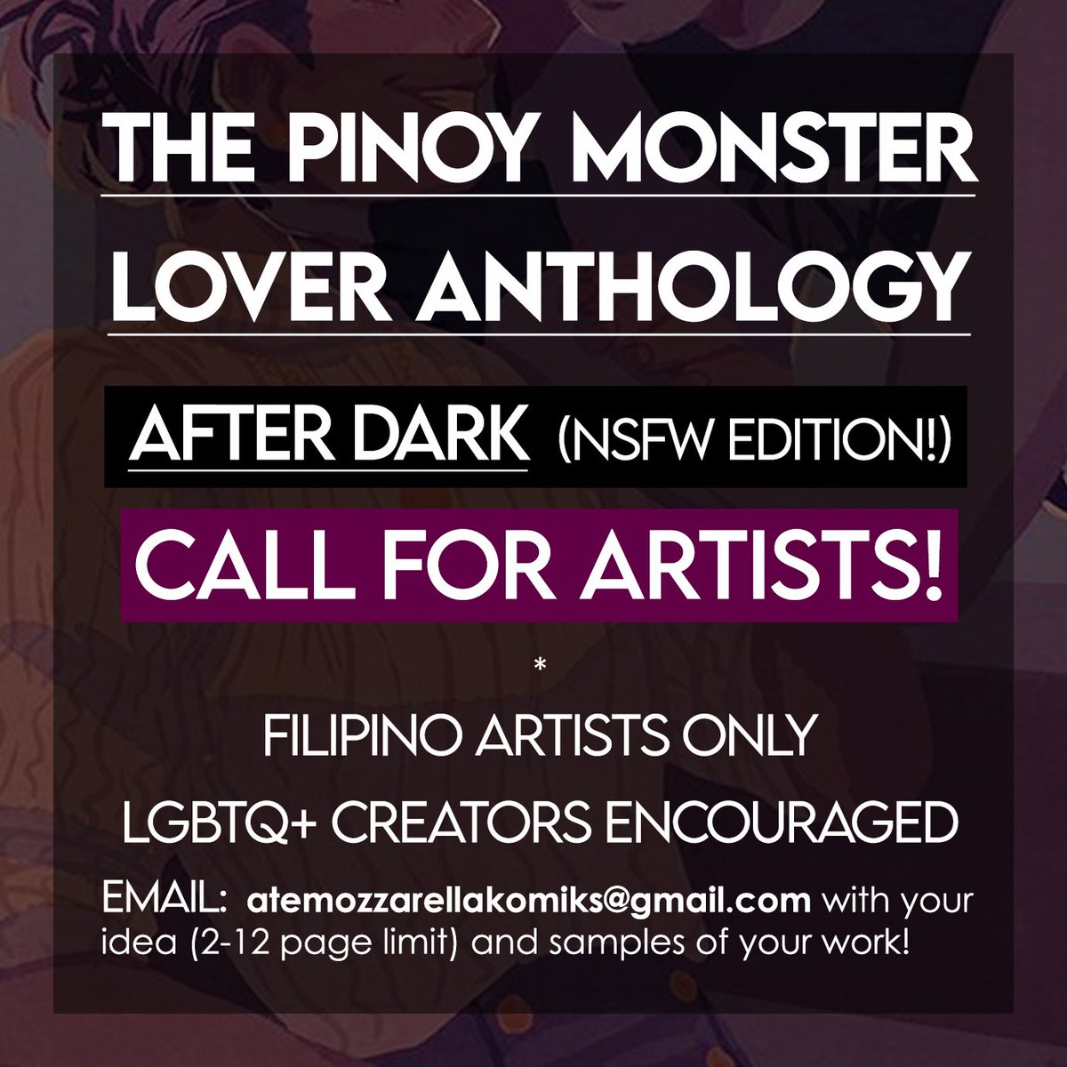 THE PINOY MONSTER LOVER ANTHOLOGY (After Dark), our next entry for the komiks anthology series, is now looking for artists. 

This anthology will be ⚠️NSFW!⚠️ More details below.

DEADLINE FOR APPLICATIONS: DECEMBER 1 2023