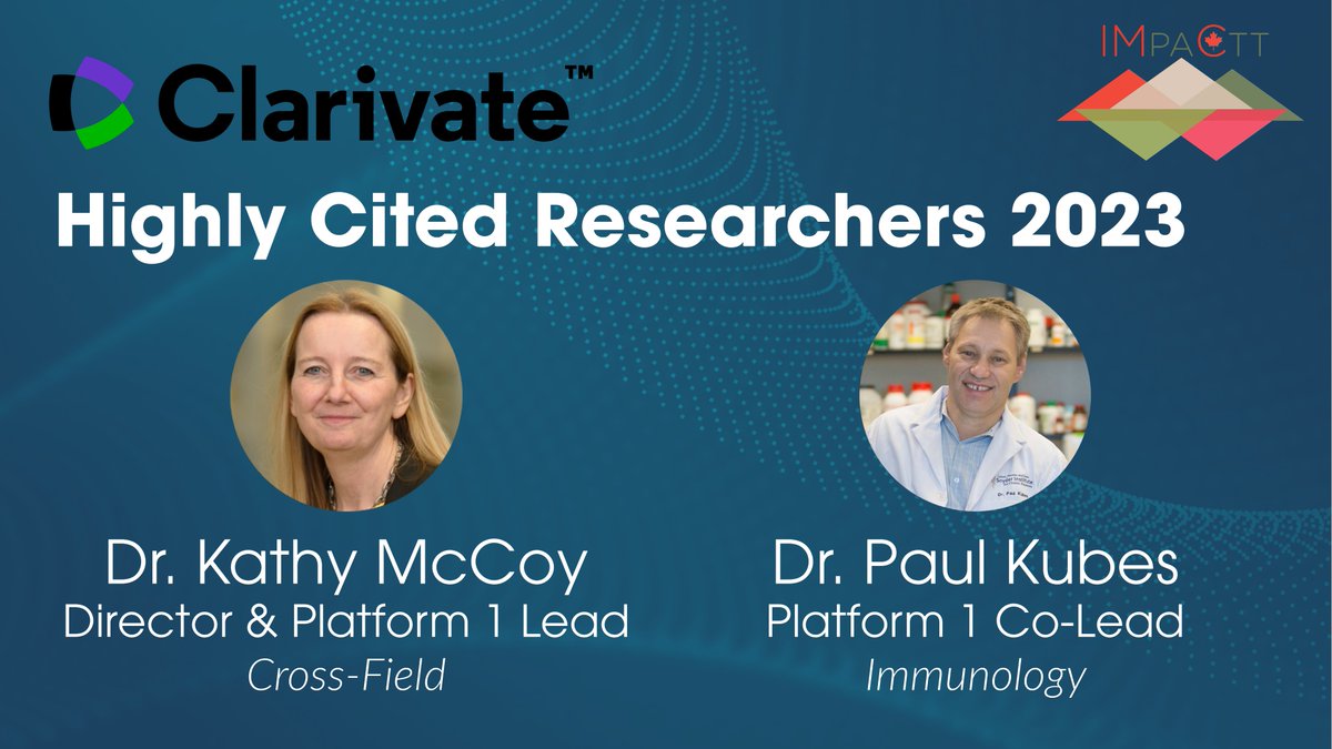 Congratulations to our IMPACTT Director/Platform 1 Lead @KathyDMcCoy & Platform 1 Co-Lead @Kubes_Lab who are on the @Clarivate Highly Cited Researcher's List for 2023! #HighlyCited2023