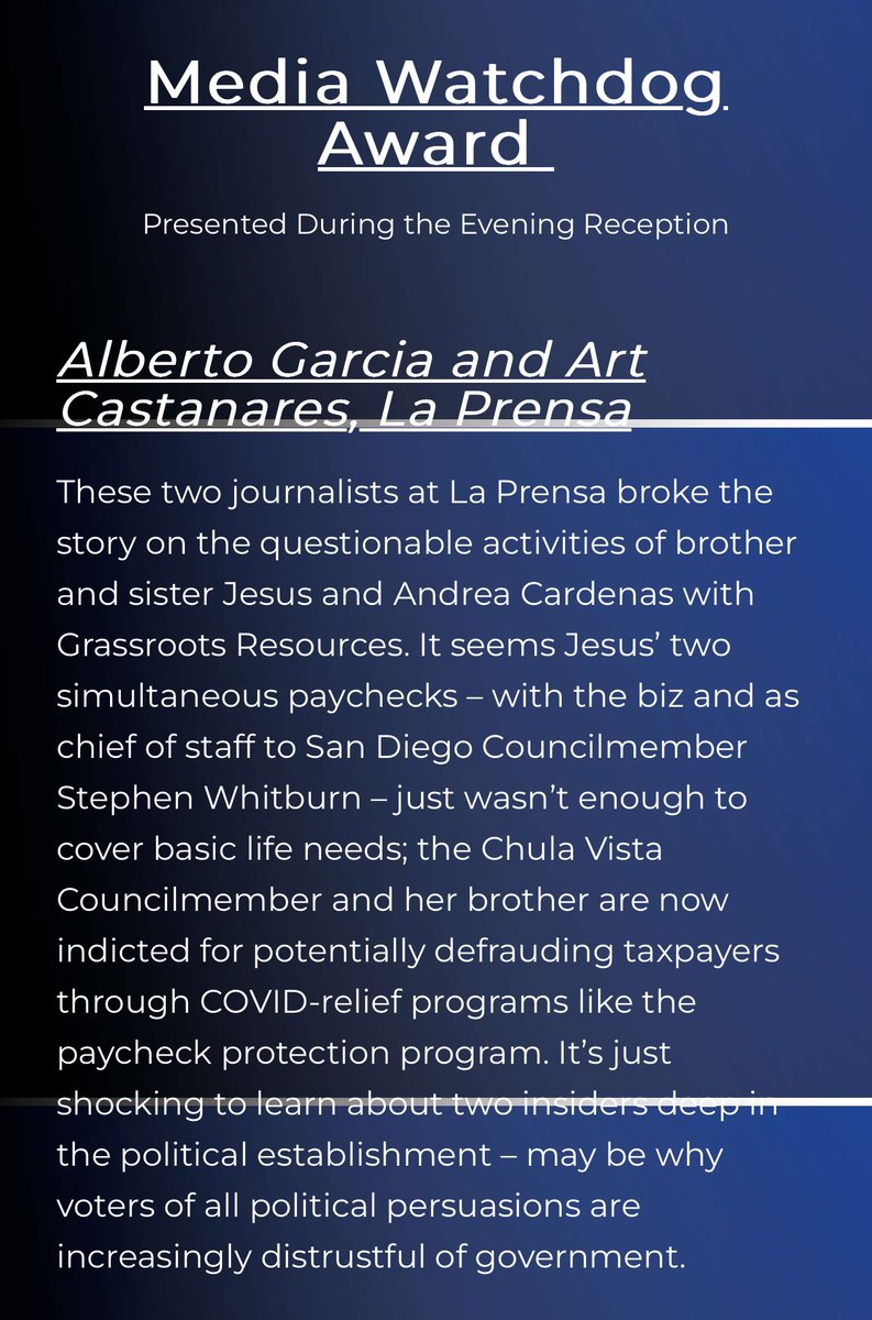 Thanks to SD County Taxpayers’ Assoc @sdcta for selecting @LaPrensaSD as a finalist for their Media Watchdog Award at this Thursday’s annual dinner. We’re honored to be a finalist among @SDUTmcdonald & former UT Publisher Jeff Light! Join us at this great event!