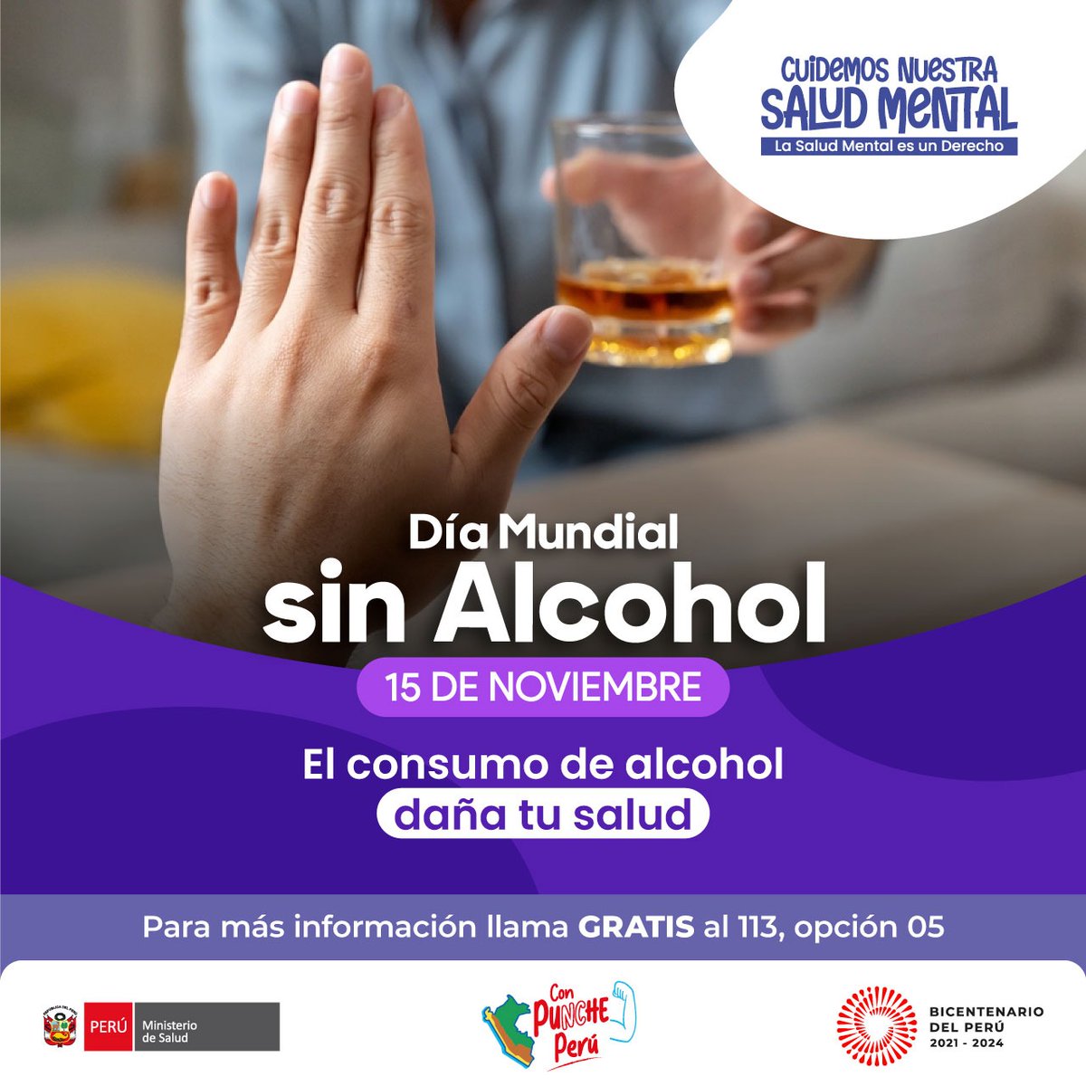 🚫🍷 Hoy, en el #DíaMundialSinAlcohol, recordemos su impacto en la salud y en la sociedad. Promovamos bienestar, prevengamos violencia y apoyemos la recuperación. #CuidemosNuestraSaludMental 💪🧠