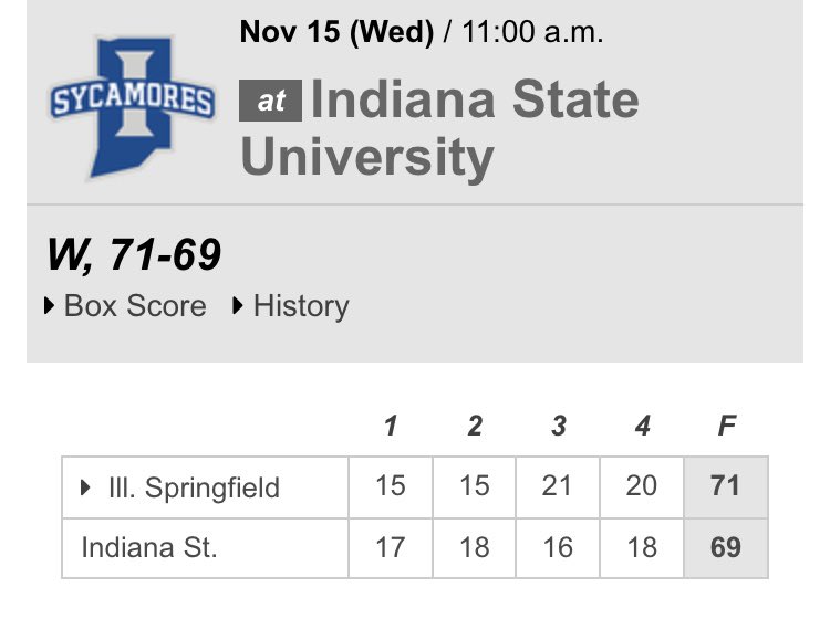 🚨WBB UPSET ALERT:

D2 Illinois Springfield beats Indiana State 71-69 this afternoon. 

UIS went on an 8-2 run with under 3 to play to come away with the win. 

🔥🔥🔥🔥🔥🔥