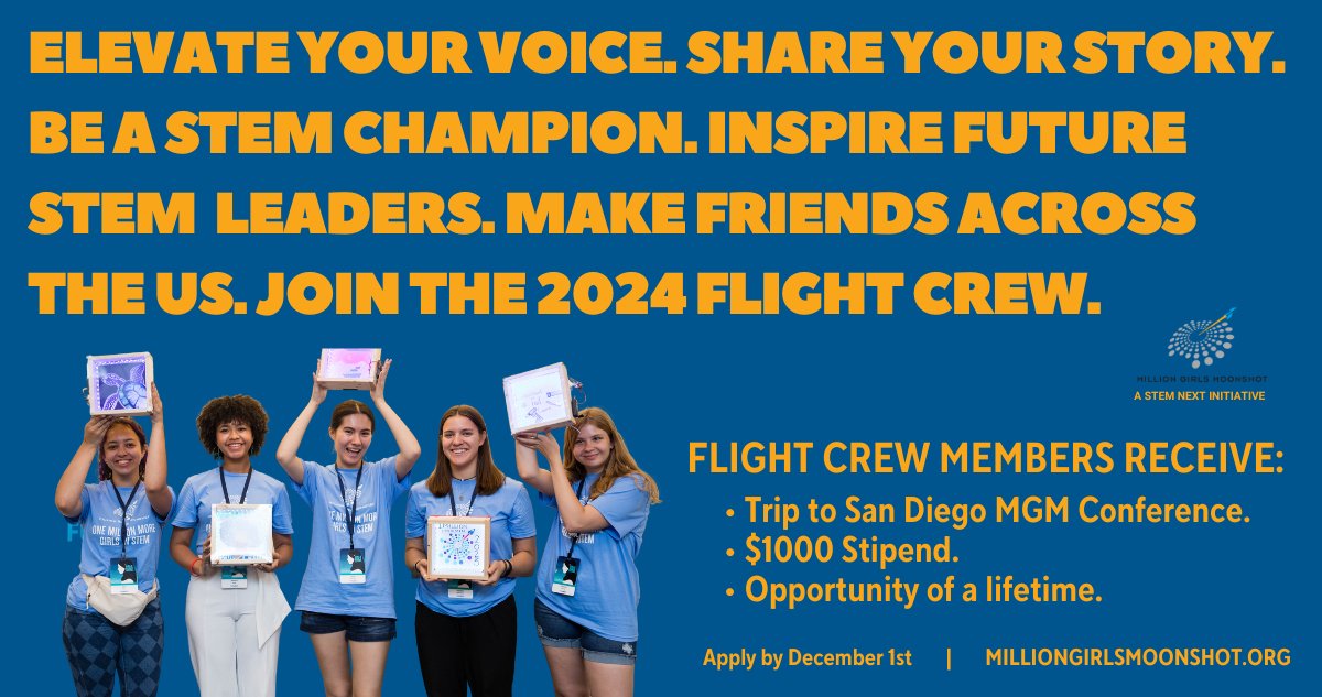 Vermont is one of 6 states yet to be represented by a @girlsmoonshot Flight Crew member. If you know a 13-18 year old girl or nonbinary youth who lives & breathes STEM, make sure they APPLY for this once-in-a-lifetime opportunity! tinyurl.com/flightcrew24. #girlsinstem #vted