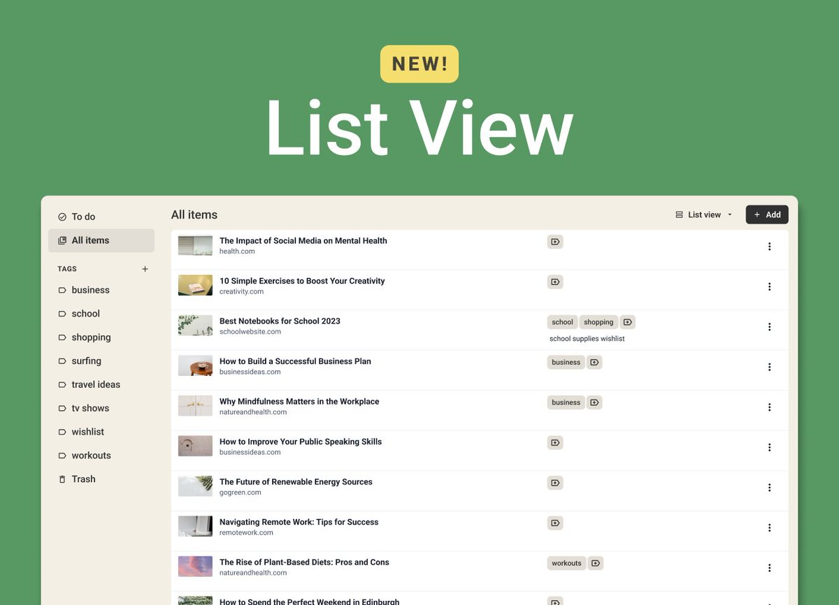 niphtio's tweet image. Hey there, Niphtio users.

Say hello to our new List view feature! View more of your saved items at once and more easily find that interesting article you&apos;ve been dying to read. Further simplify your bookmark management experience with List view today! 🙌

#Bookmarking