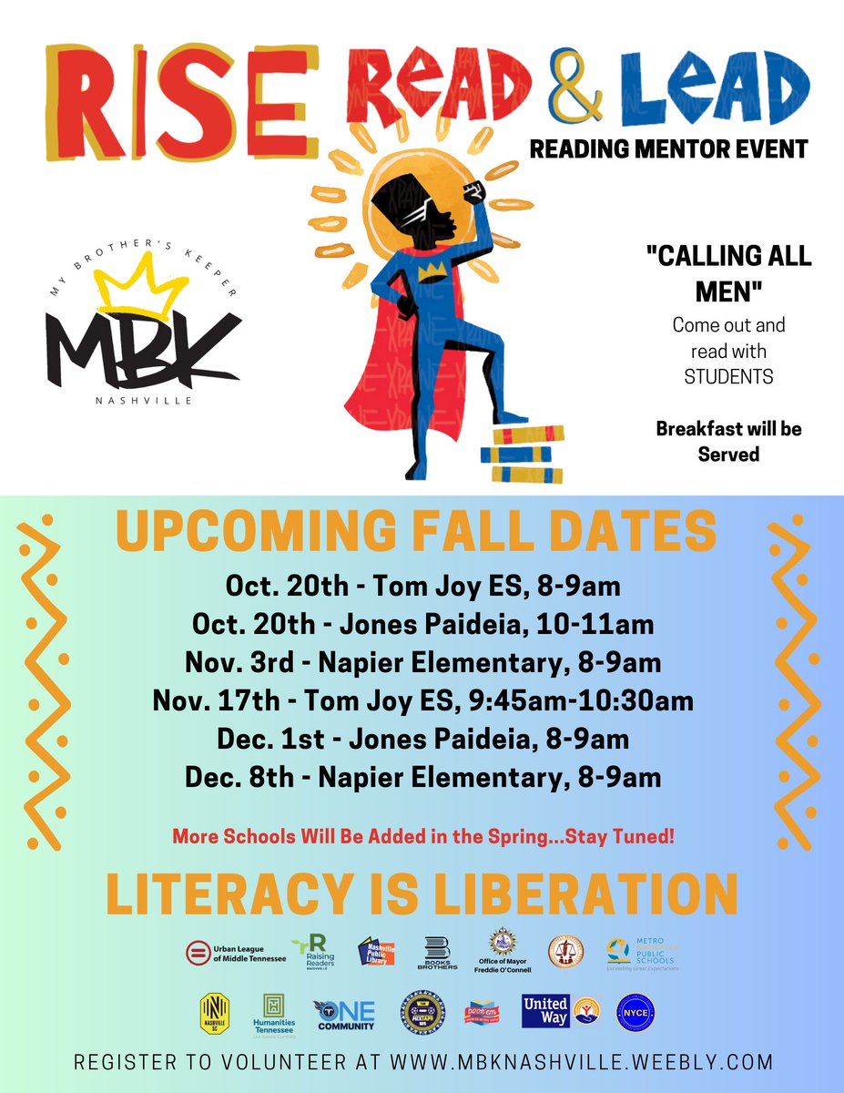 Calling all Men! We need you to join us to read with our boys. Next Rise, Read &amp; Lead Event is this Friday at Tom Joy Elementary from 9:45am-10:30am. Register here to volunteer: mbksalt.eventbrite.com
