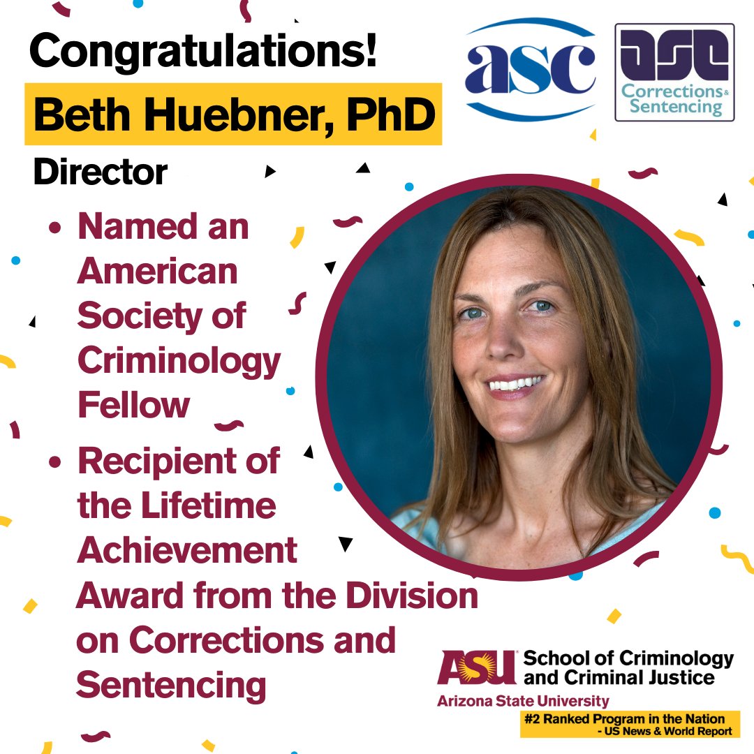 Congratulations to our own SCCJ Director Beth Huebner (<a href="/bethtris/">Beth Huebner</a>), PhD,  who has been named an <a href="/ASCRM41/">Amer Soc of Crim</a> Fellow! She will also receive the Lifetime Achievement Award from <a href="/ASC_DCS/">ASC Division on Corrections and Sentencing</a> this week. This speaks to your hard work and prolific  scholarship that has had a significant impact