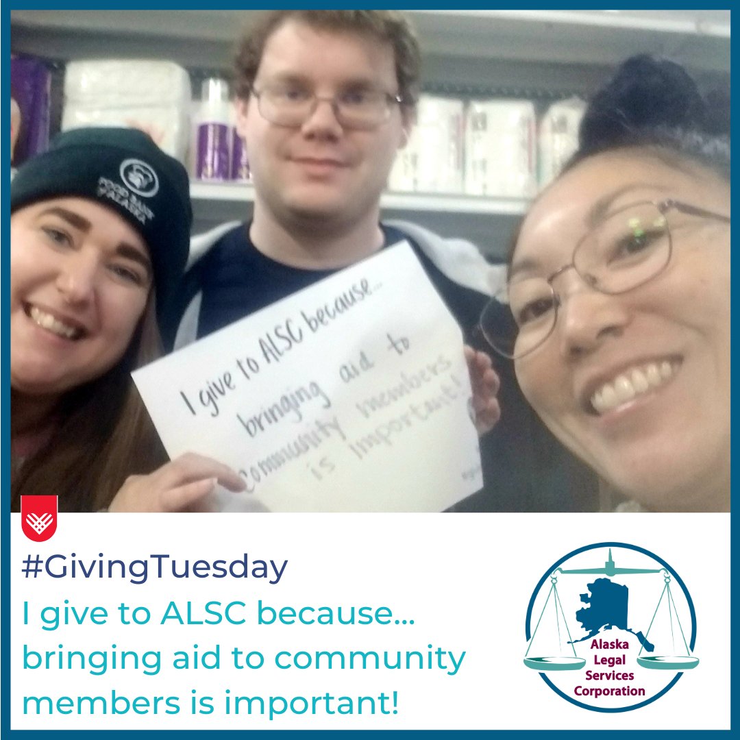 12 Days until #GivingTuesday... Thank you to our friends at the Food Bank of Alaska for capturing this great #Unselfie while doing SNAP outreach with our Kenai office!

'I give to ALSC because bringing aid to community members is important!'