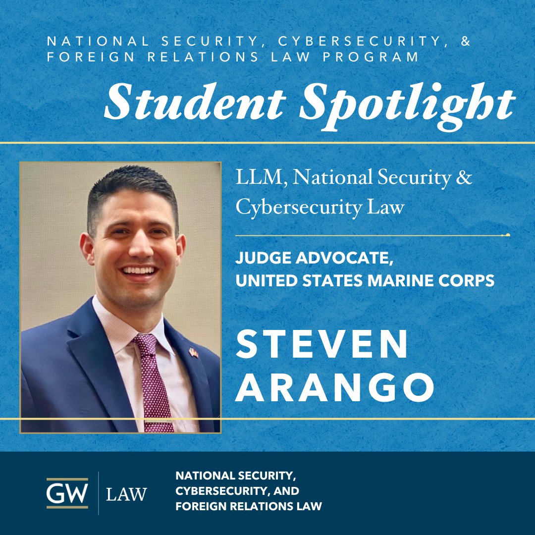 gwlawnatsec's tweet photo. In our student spotlight is Steven Arango, a @USMC JAG who serves as a Deputy Staff Judge Advocate for Training and Education Command at Marine Corps Base Quantico (MCBQ). Prior to this role, he served as a prosecutor at MCBQ.  See his recent scholarship in the comments below! https://t.co/aQWoQEUR2c