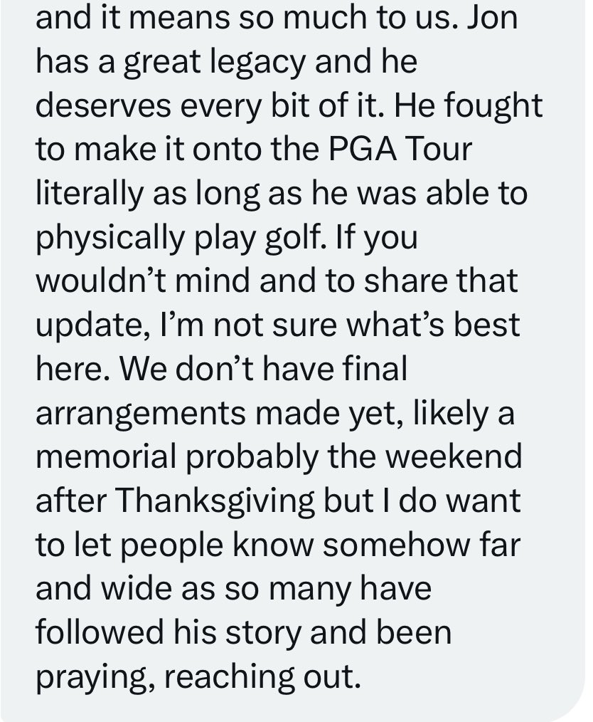 acaseofthegolf1's tweet photo. The family of Jon Trasamar has asked me to let you know that last Saturday Jon passed away with his family by his side. 
His wife Allie never left his side and his best friend @FredVR_ made it back after his win in Bermuda to spend time with Jon. 

a message from Jon’s brother https://t.co/YCcgjU4v3l