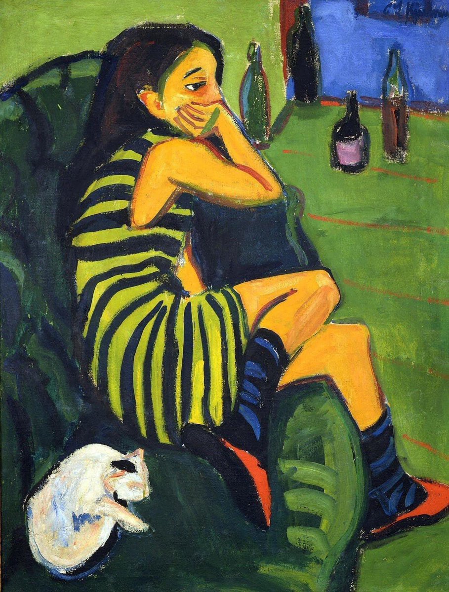 1. Max Pechstein: “Girl on a green sofa with a cat”, 1910
2. Ernst Ludwig Kirchner: 'Girl with Cat (Marcella)', 1910
The two artists used Marcella, their neighbor's daughter as a model for these works. These pieces were painted at the same time from different angles.