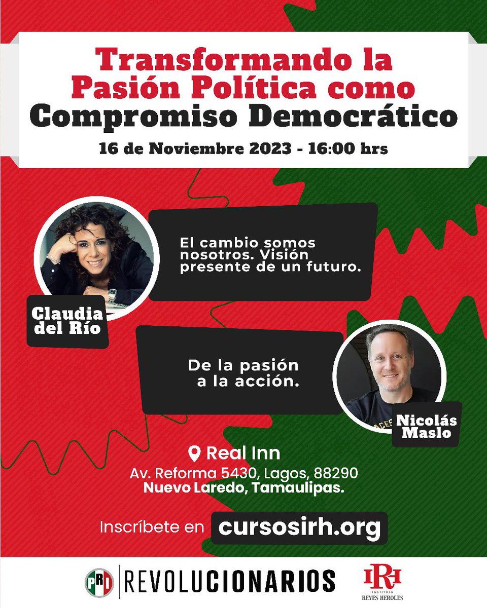 lazarojimeneza's tweet photo. .@grillodelrio y @NicoMaslo impartirán el día de mañana el curso "Transformando la pasión política como compromiso democrático". 

🗓️16 de noviembre
⌚️15:00 horas 
📍Real Inn, Nuevo Laredo, Tamaulipas. 

¡No faltes! https://t.co/E9xQC9saPc