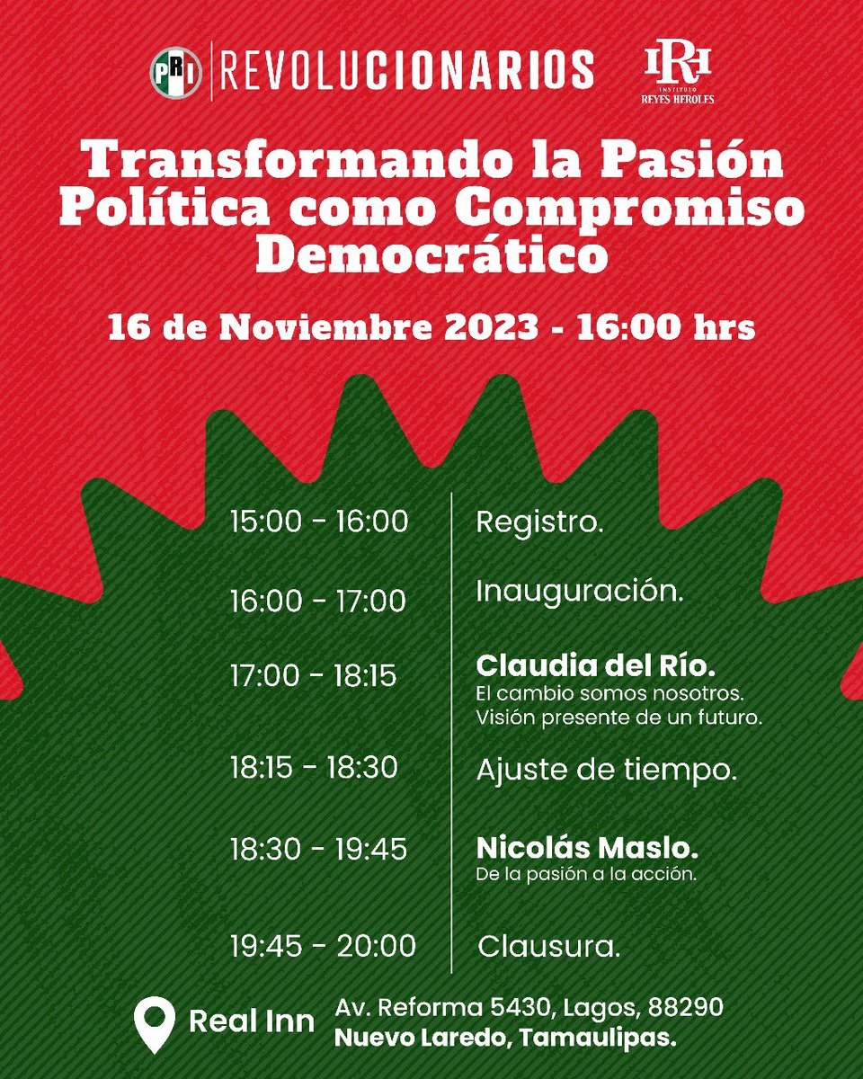 lazarojimeneza's tweet photo. .@grillodelrio y @NicoMaslo impartirán el día de mañana el curso "Transformando la pasión política como compromiso democrático". 

🗓️16 de noviembre
⌚️15:00 horas 
📍Real Inn, Nuevo Laredo, Tamaulipas. 

¡No faltes! https://t.co/E9xQC9saPc