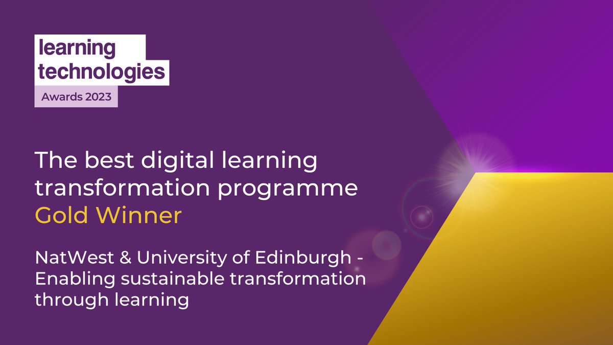 LTAwards's tweet photo. Drumroll for the #LT23Awards Gold Winners, NatWest @NatWestGroup and @EdinburghUni for The best digital learning transformation programme 🏅 https://t.co/a9LSBQumWN