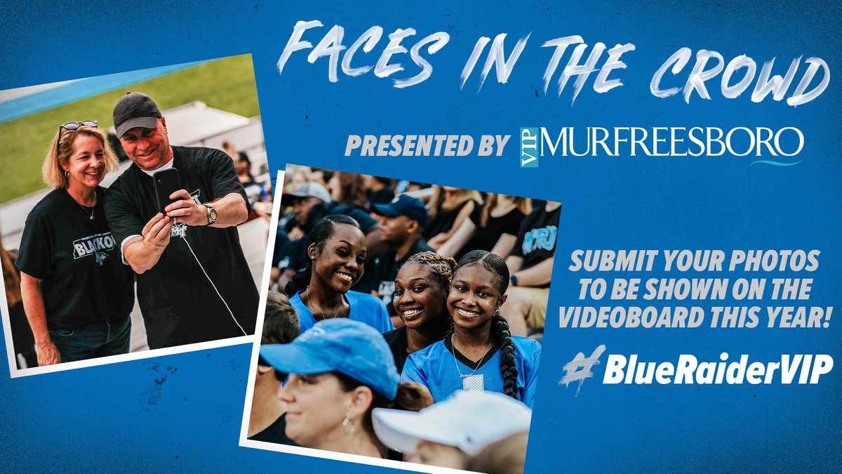 MTAthletics's tweet photo. We want to see you supporting your #BlueRaiders!

Submit your pictures in Blue Raider gear at a game or just supporting MTSU in general, and you might see yourself on the videoboard on Saturday! 👀

Use the hashtag #BlueRaiderVIP on Facebook, Twitter and Instagram to participate. https://t.co/1QJ776VITh