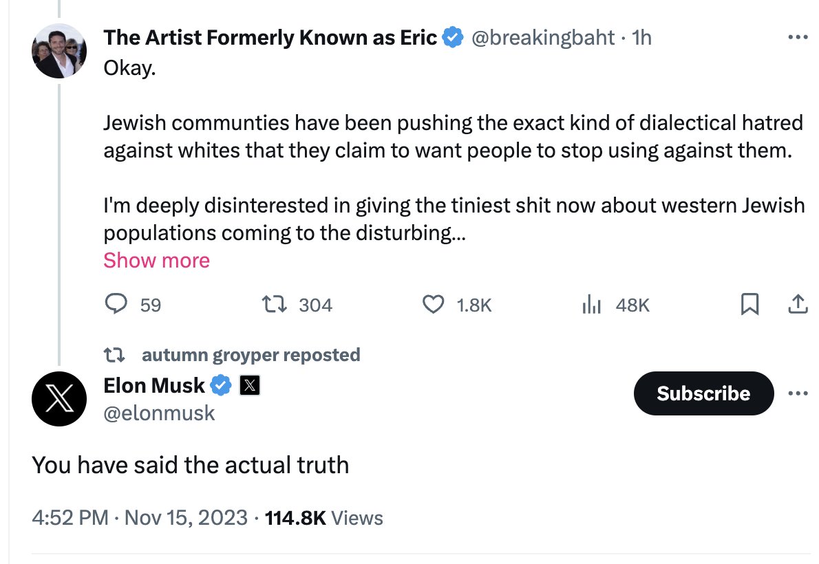 Here is Nick Fuentes retweeting/praising Elon Musk for agreeing with someone complaining that Jewish people didn't care about racism against white people, so he doesn't care about antisemitism against Jewish people.